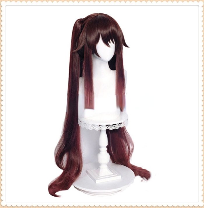 Hu Tao Cosplay Wig 43Inches 110Cm Long Brown With Ponytails Genshin Impact Hutao Heat Resistant Synthetic Hair Wigs + Wig Cap