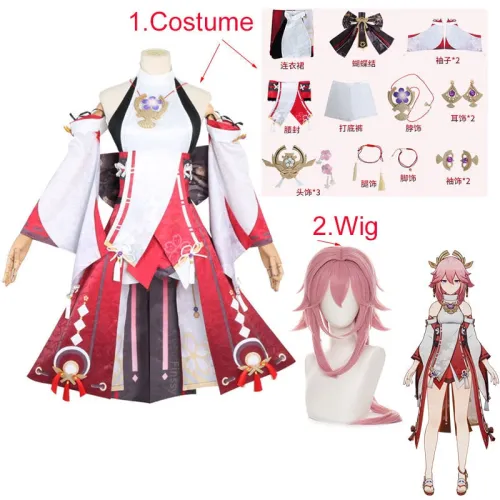 Genshin Impact Guuji Yae Miko Halloween Carnival Party Anime Cosplay Costume Props Jewelry Wig Women Dress