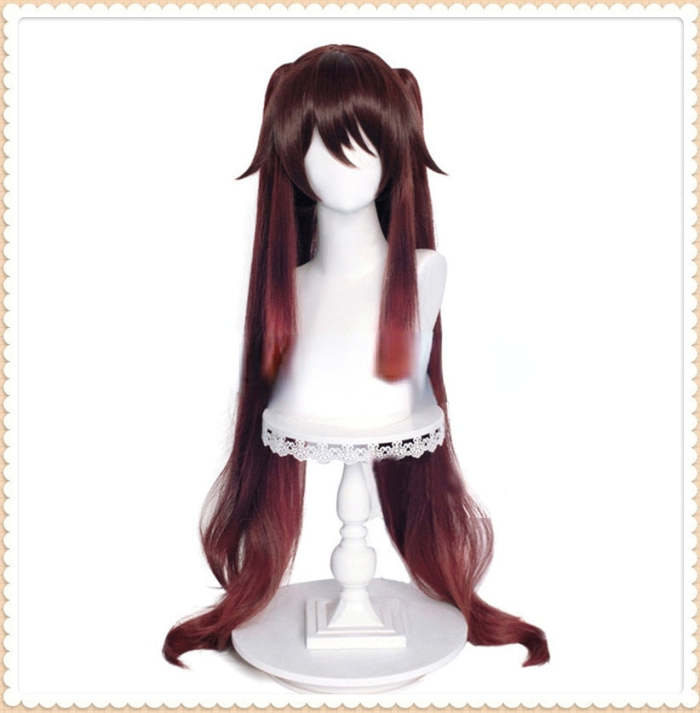 Hu Tao Cosplay Wig 43Inches 110Cm Long Brown With Ponytails Genshin Impact Hutao Heat Resistant Synthetic Hair Wigs + Wig Cap