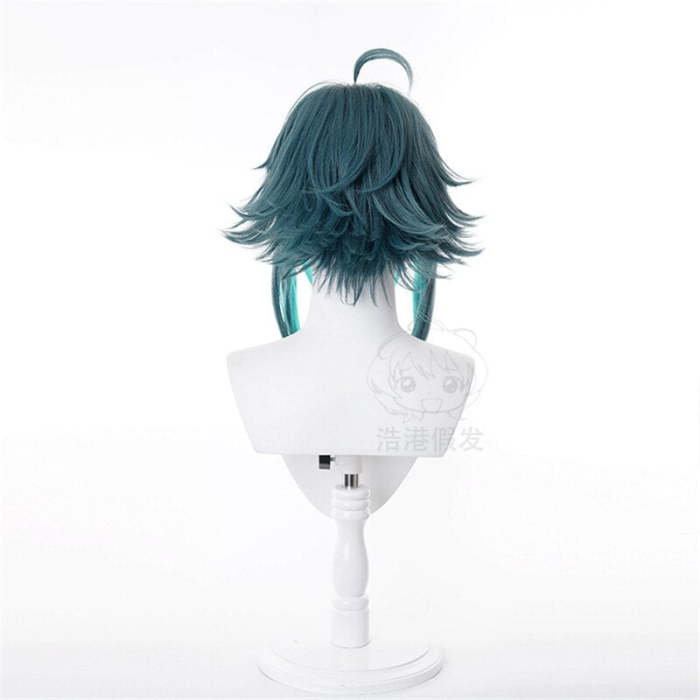 Genshin Impact Xiao Cosplay Mixed Dark Green Blue Short Heat Resistant Synthetic Hair Halloween Role Play Wigs+Wig Cap Game