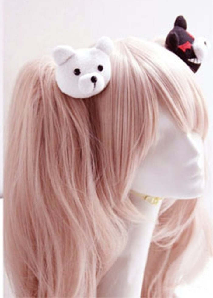 Dangan Ronpa Danganronpa Enoshima Junko Cosplay Pink Long Wavy With Ponytail Clip Heat Resistant Wigs+ Bear Hairpins