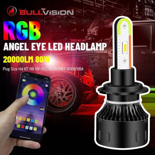 Bullvision H4 H7 Led Rgb Headlight Colorful   H11 Car Light Hb3 Hb4 H8 H9 Bulb Turbo Csp With Control App Rgb Auto Light