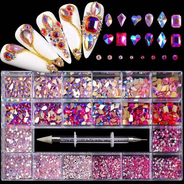 Luxury Shine Diamond Nail Art Rhinestones Crystal Decorations Set Ab Glass 1Pcs Pick Up Pen In Grids Box 21 Shape About Pcs