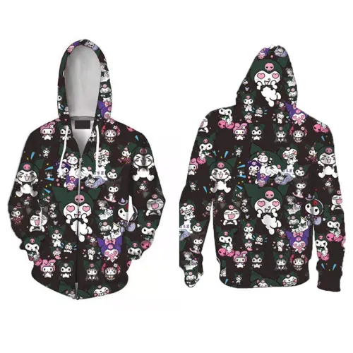 My Melody Anime Kuromi Baku Black Unisex Adult Cosplay Zip Up 3D Print Hoodies Jacket Sweatshirt