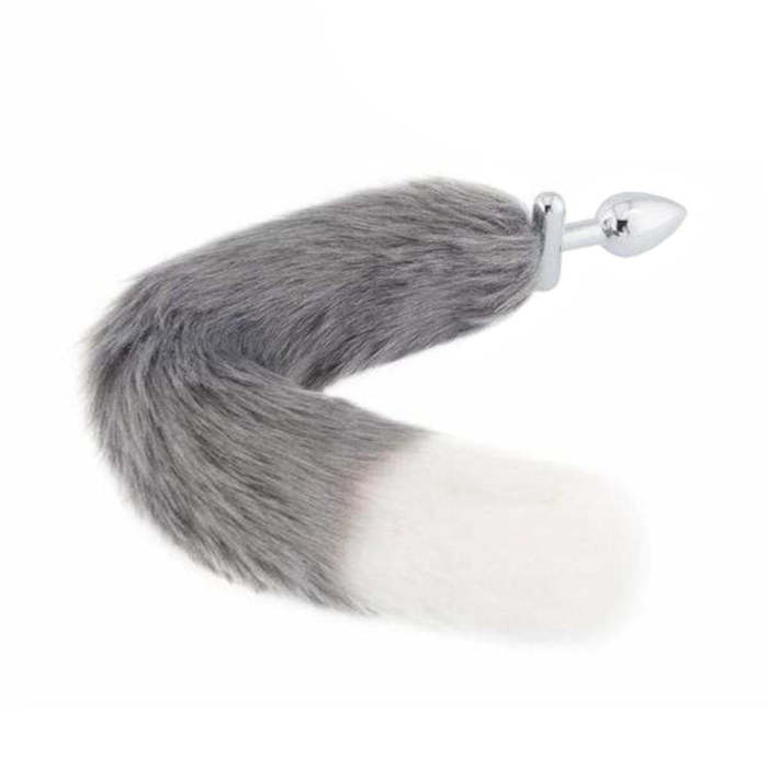 18  Shapeable Grey With White Fox Tail Plug