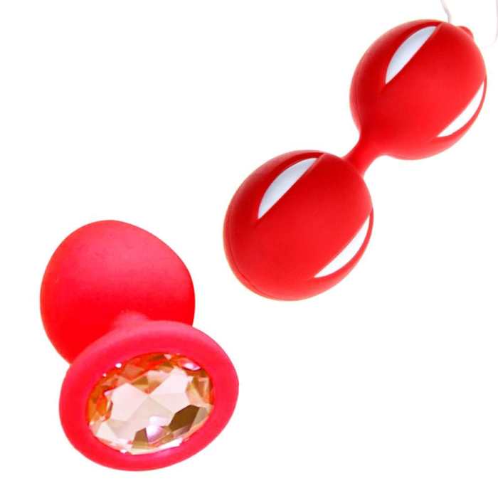 2 Pcs/Set Silicone Jeweled Plug With Ben Wa Ball - 4 Colors To Choose From