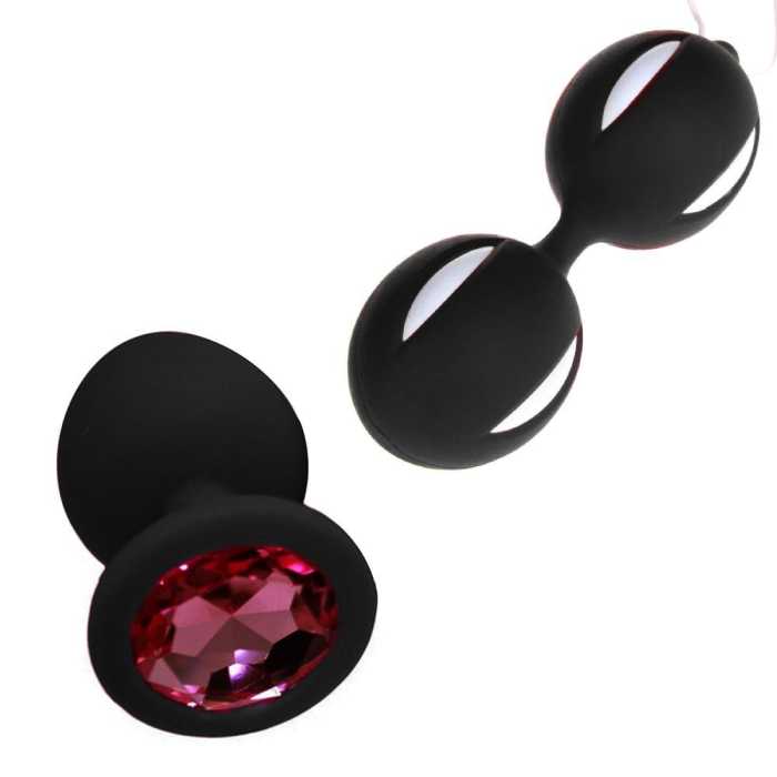 2 Pcs/Set Silicone Jeweled Plug With Ben Wa Ball - 4 Colors To Choose From
