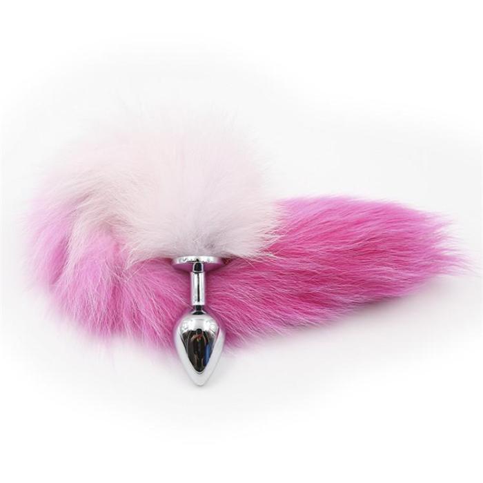 White With Pink Fox Tail 3 Sizes Stainless Steel Plug