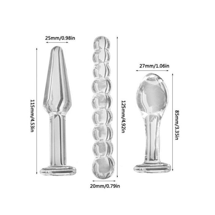 3 Pieces Transparent Glass Butt Plug