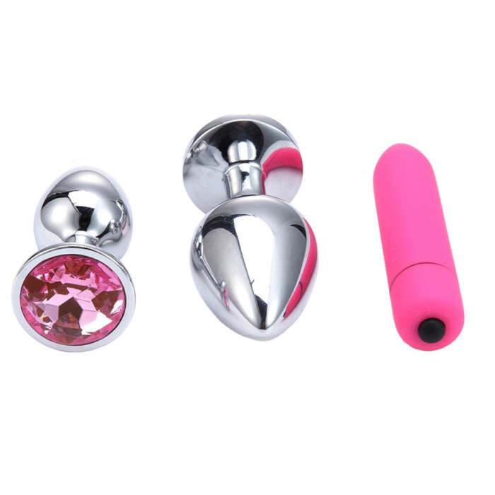 3 Pcs/Set Stainless Steel Jeweled Plug With Silicone Bullet Vibrator