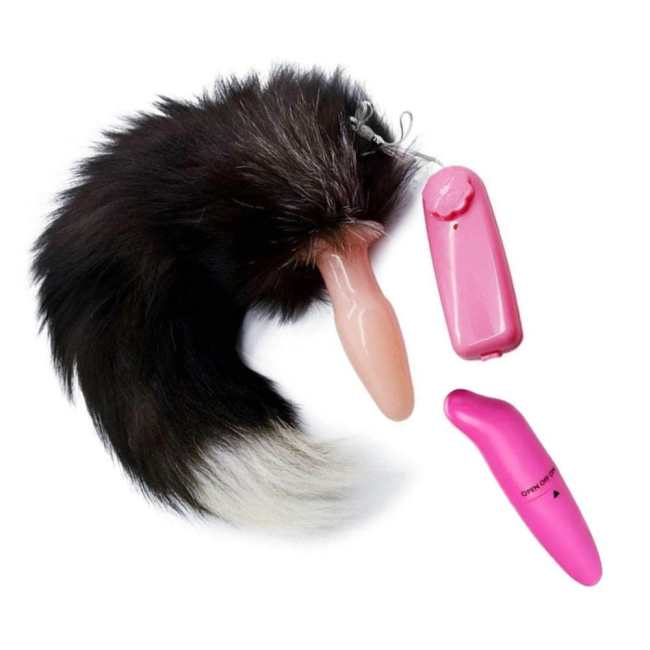15  Dark Fox Tail With A Vibrating Silicone Plug And Extra Vibrator