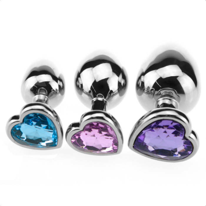 Jeweled Heart-Shaped Stainless Steel Princess Plug For Beginners, 3 Plug Set - 9 Colors