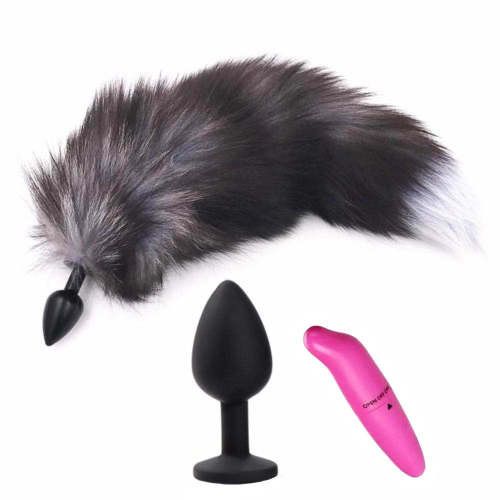 15  Dark Fox Tail With Black Frosted Metal Butt Plug And Extra Vibrator