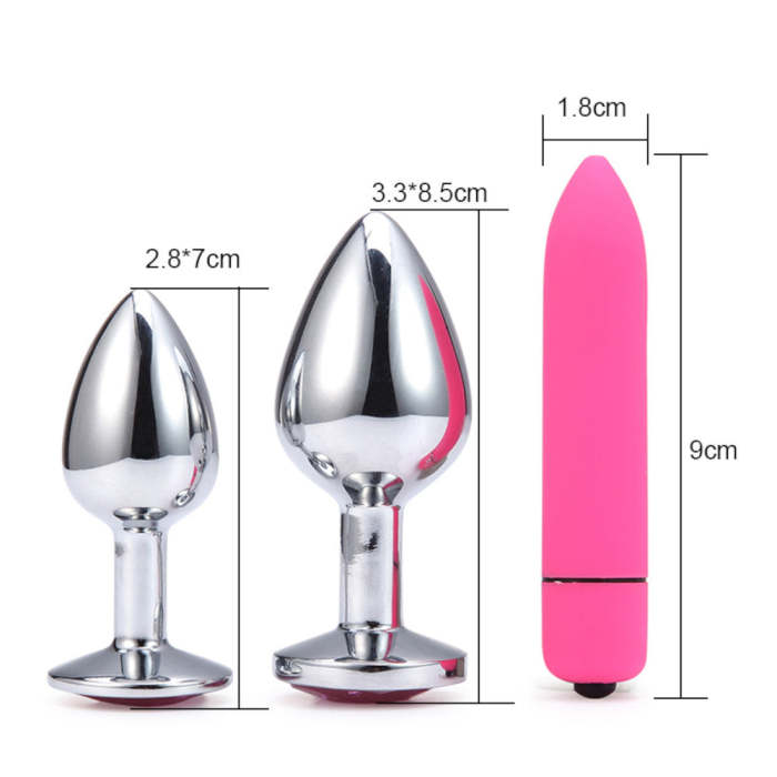 3 Pcs/Set Stainless Steel Jeweled Plug With Silicone Bullet Vibrator