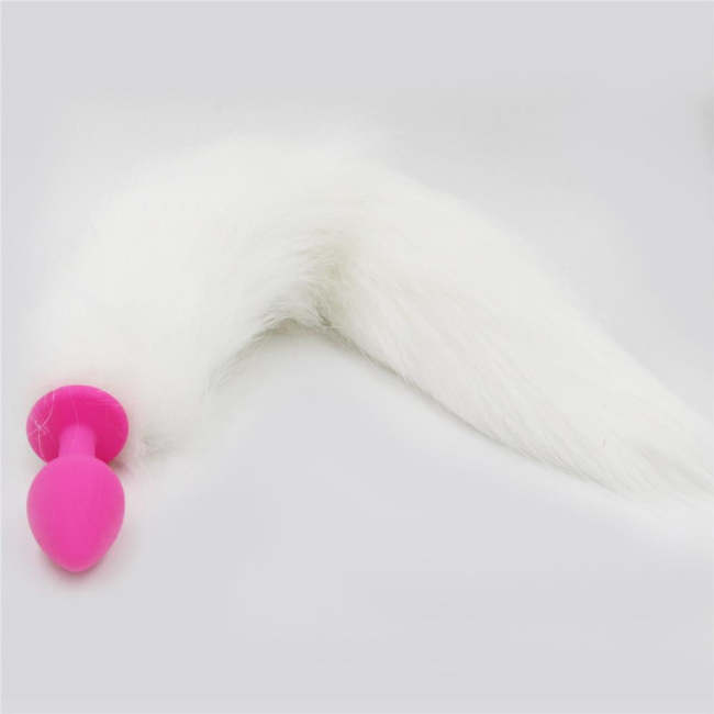 White Fox Tail With Pink Silicone Plug