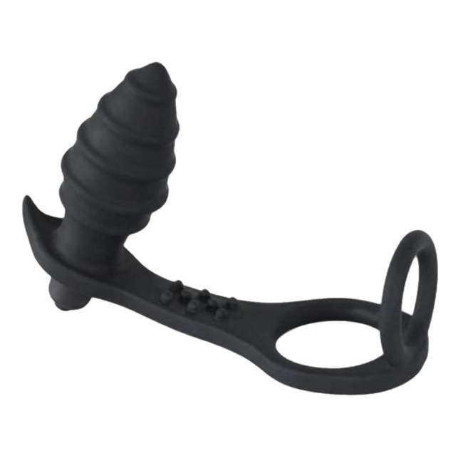 Black Ribbed Prostate Massager With Cock Ring