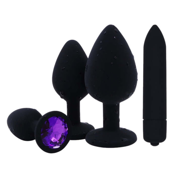 3 Sizes Purple Jeweled Black Silicone Plug