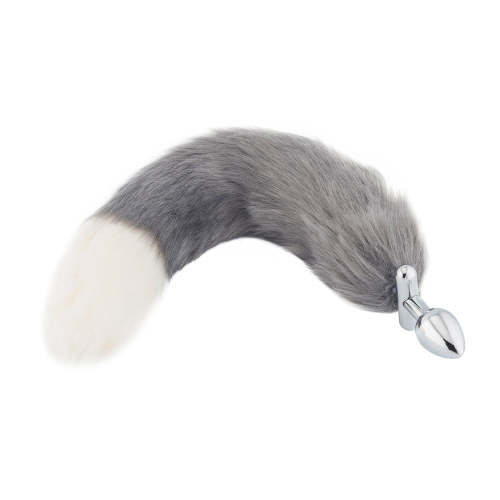 18  Shapeable Grey With White Fox Tail Plug