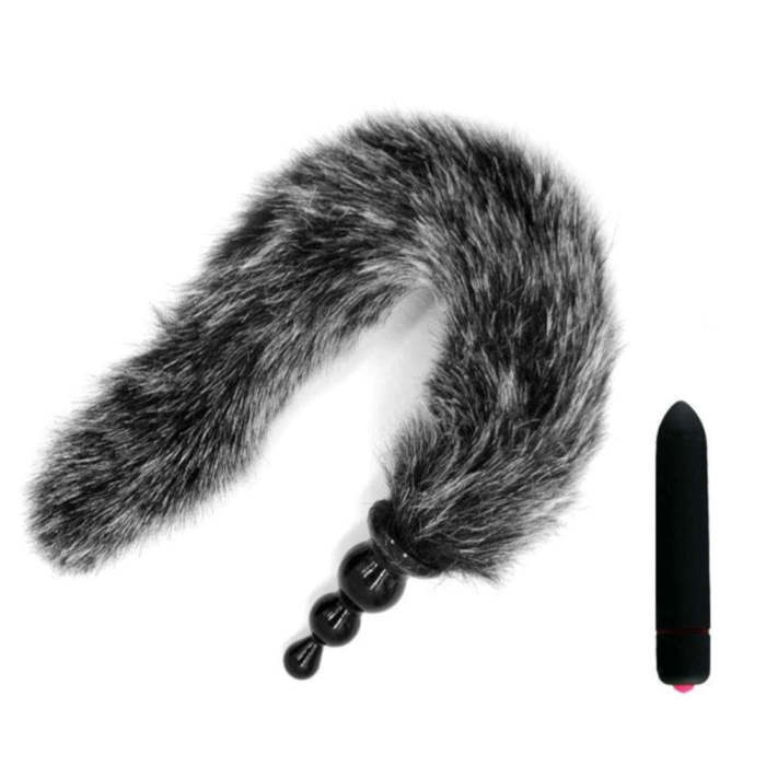 14  Salt And Pepper Fox Tail With Silicone Butt Plug