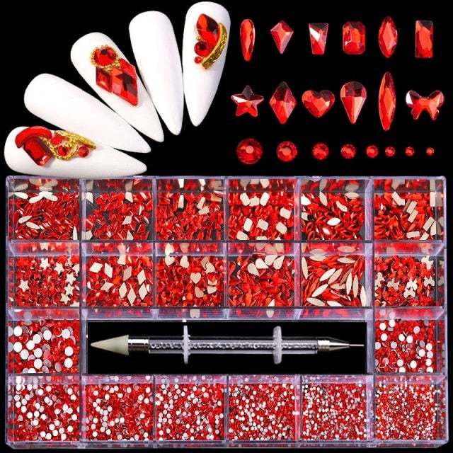 Luxury Shine Diamond Nail Art Rhinestones Crystal Decorations Set Ab Glass 1Pcs Pick Up Pen In Grids Box 21 Shape About Pcs