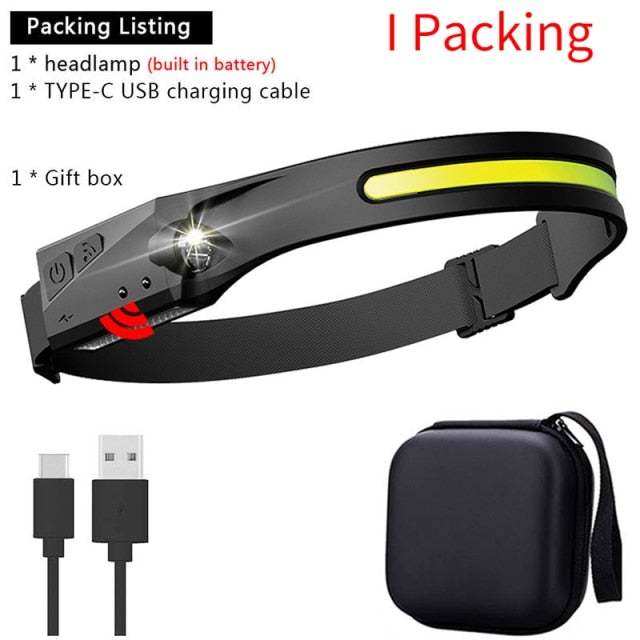 Induction Headlamp Cob Led Head Lamp With Built-In Battery Flashlight Usb Rechargeable Head Torch 5 Lighting Modes Head Light