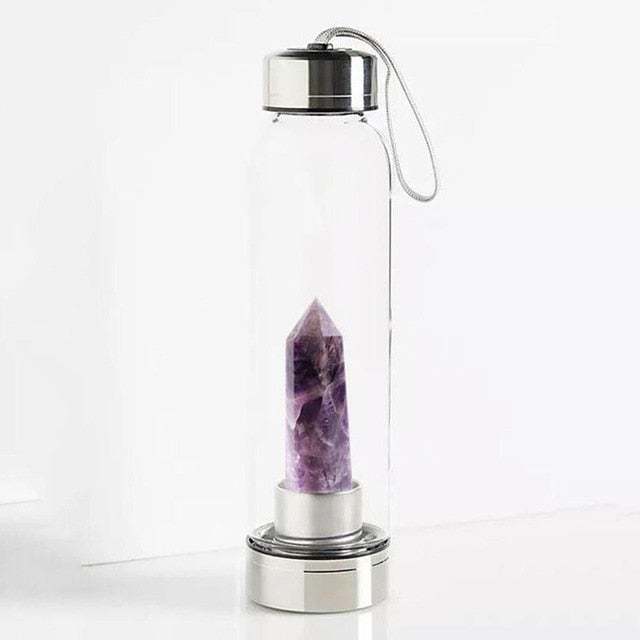 Natural Quartz Gemstone Glass Water Bottle Direct Drinking Cup Glass Crystal Obelisk Wand Healing Wand Bottle With Rope