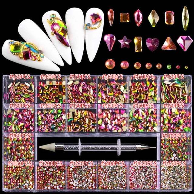Luxury Shine Diamond Nail Art Rhinestones Crystal Decorations Set Ab Glass 1Pcs Pick Up Pen In Grids Box 21 Shape About Pcs