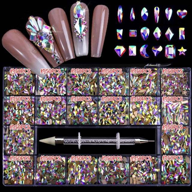 Luxury Shine Diamond Nail Art Rhinestones Crystal Decorations Set Ab Glass 1Pcs Pick Up Pen In Grids Box 21 Shape About Pcs