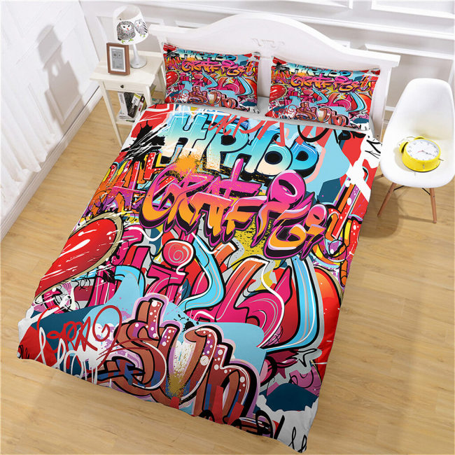 3D Cafe Hip Hop Street Graffiti Bedding Set Quilt Duvet Cover Bed Sheet Sets