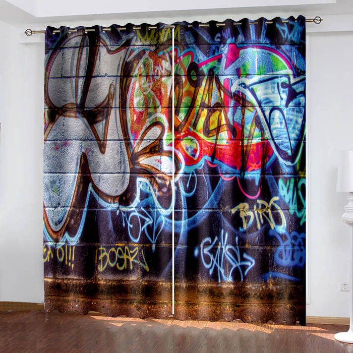 3D Cafe Hip Hop Street Graffiti Curtains Blackout Window Treatments Drapes