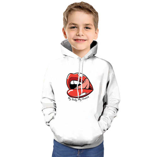 My Body My Choice Lips  Printed White Hoodie For Kids