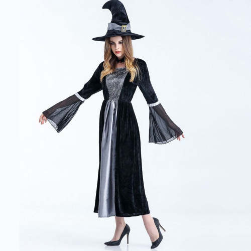 Gothic Halloween Mesh Dresses Women   Winter Witch Cosplay Costumes Hat Trendy Girls Theme Party Classic Pleated Dress