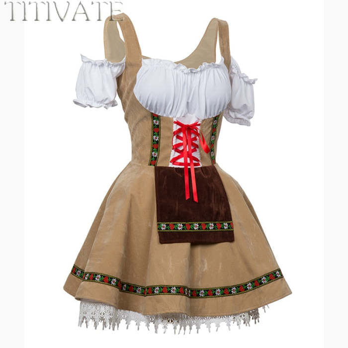 Fashion Oktoberfest Beer Girl Costume Maid Wench Germany Bavarian Short Sleeve Fancy Dress Dirndl For Adult Women