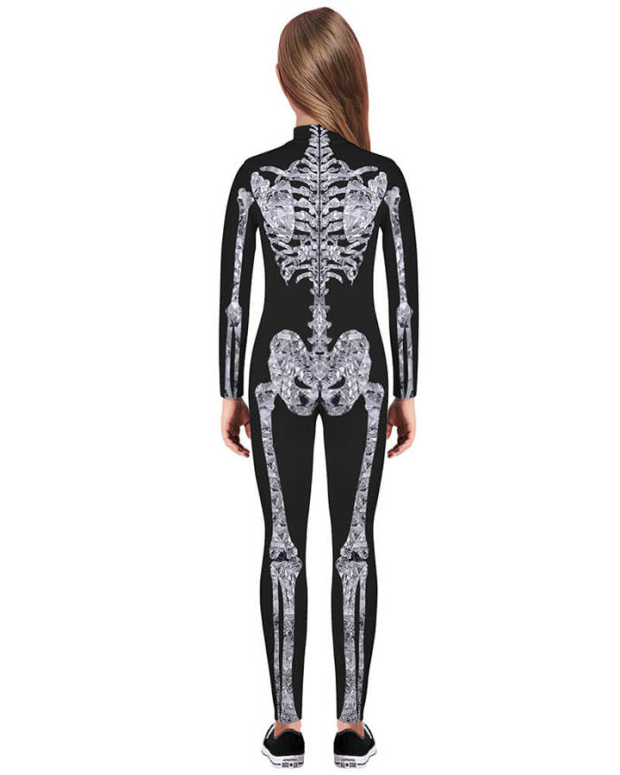 Boys Girls Crystal Skeleton Catsuit Kids Halloween Party Costume