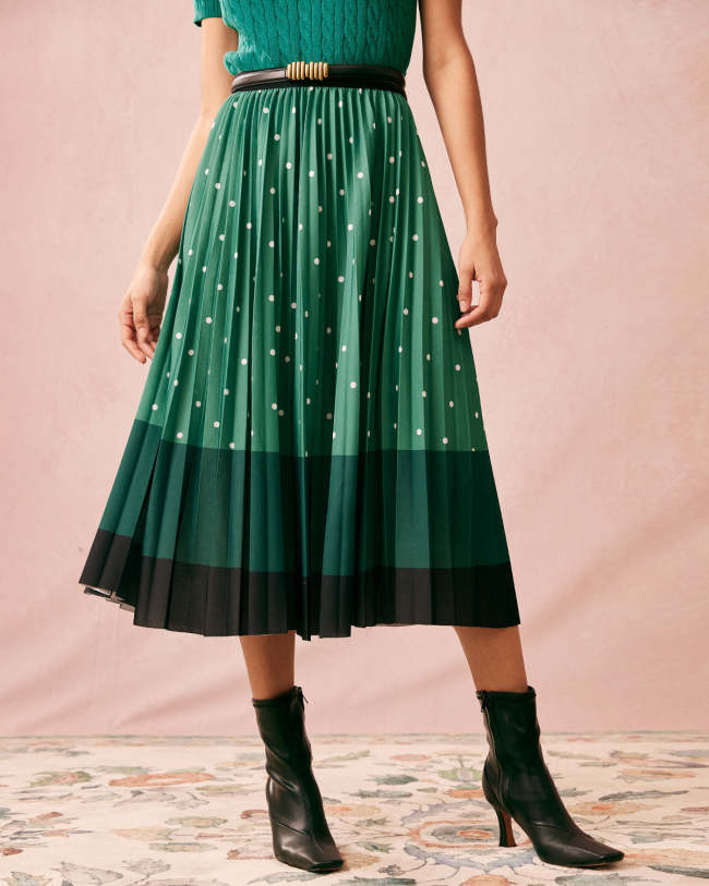 The High Waisted Color Block Polka Dot Pleated Skirt