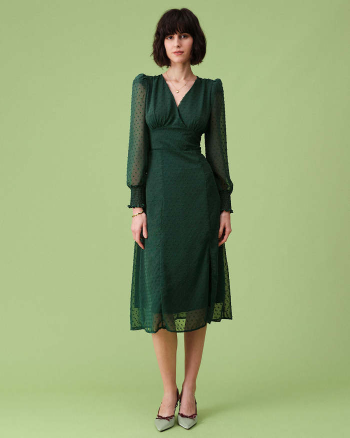 The Green V Neck Jacquard Sheer Sleeve Midi Dress