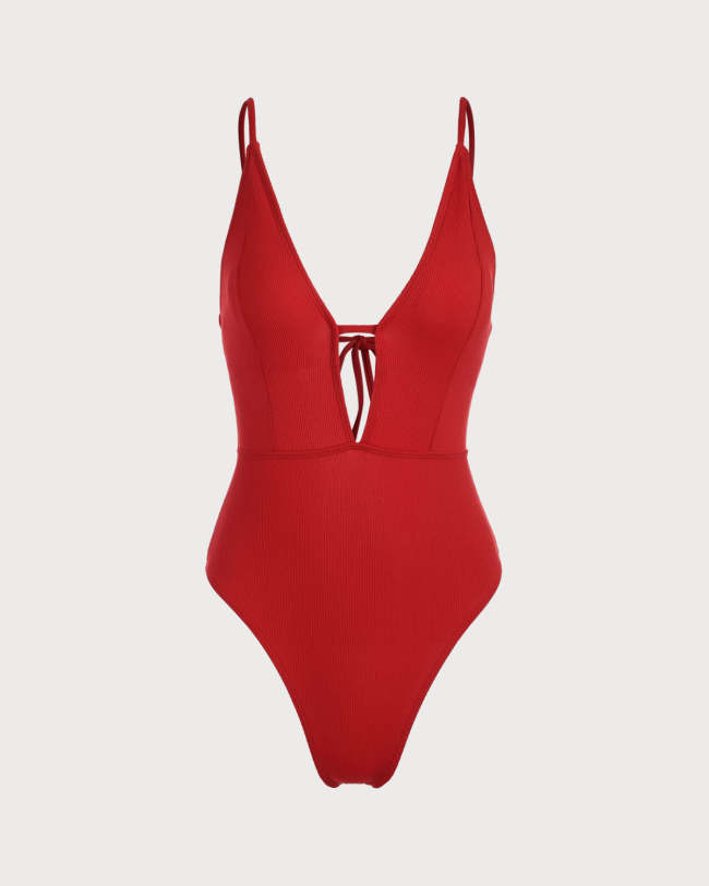 The Red V Neck Cutout One-Piece Swimsuit