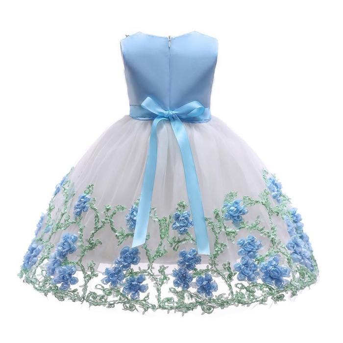Blue White Flower Girls Pearl Necklace Bowknot Tulle Party Gown Dress