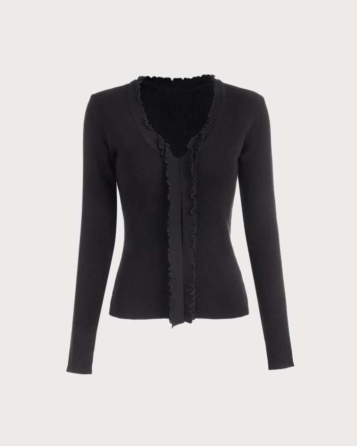 The Solid V Neck Frill Slim Fit Knit Top