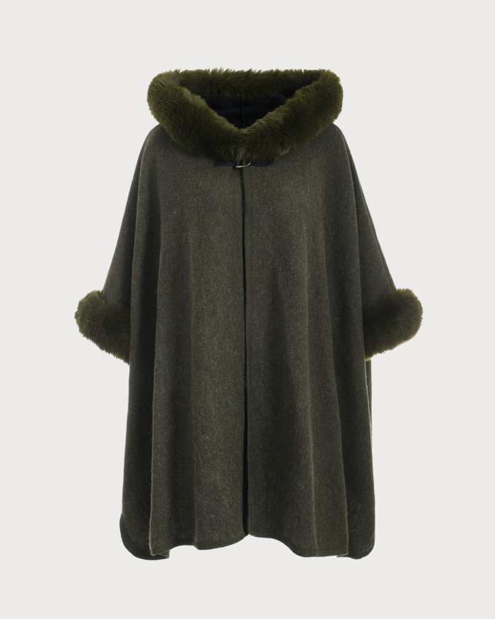 The Green Faux Fur Trim Hooded Cape Coat