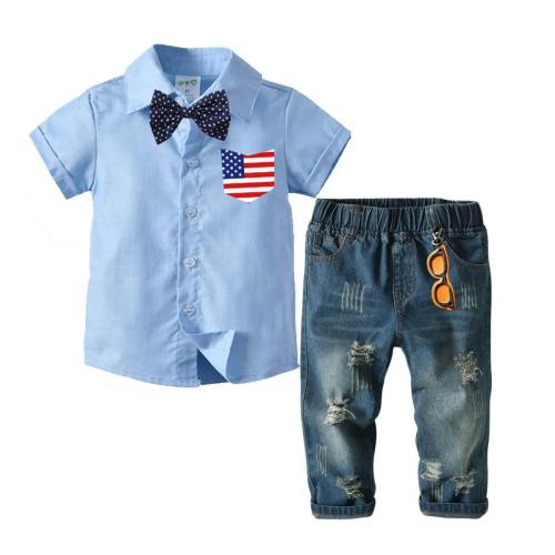 Baby Boys Blue Shirt With American Flag Pocket Ripped Jeans 3Set Suits