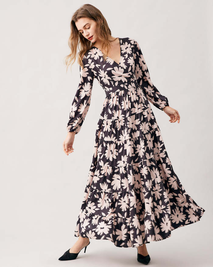 The V Neck Floral Tiered Long Sleeve Maxi Dress