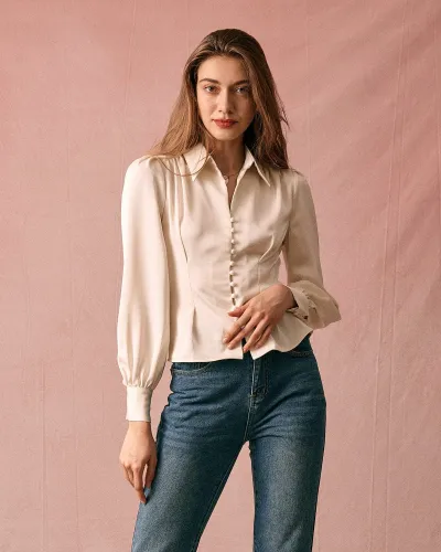 The Solid Collared Puff Sleeve Satin Blouse