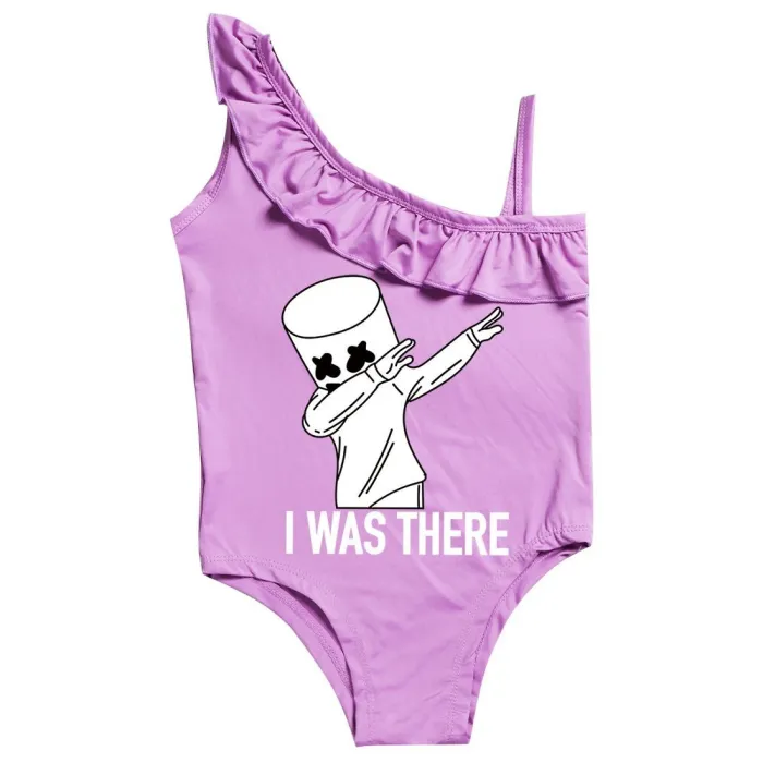 Dab Dance Marshmello Print Girls Ruffle One Piece Shoulder Swimsuit