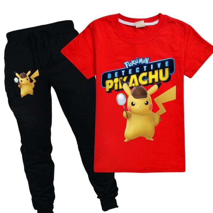 Girls Boys Pikachu Multicolor Cotton T Shirt And Black Sweatpants Suit
