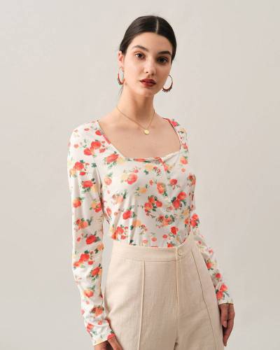 The Ribbed Floral Square Neck Knit Top