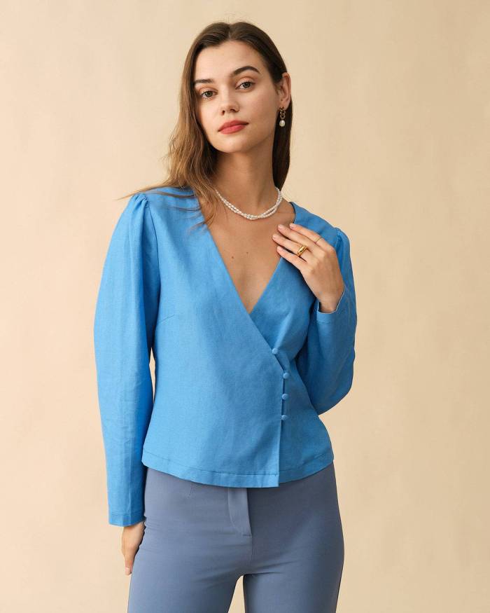 The Solid Color Puff Sleeve Wrap Blouse