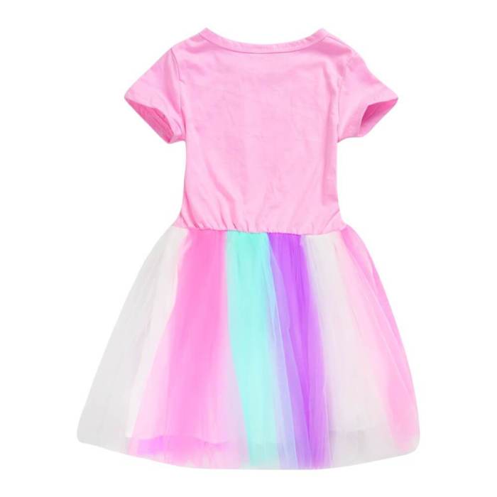 Super Mario Print Girls Pink Short Sleeve Rainbow Tulle Sleeve Dress
