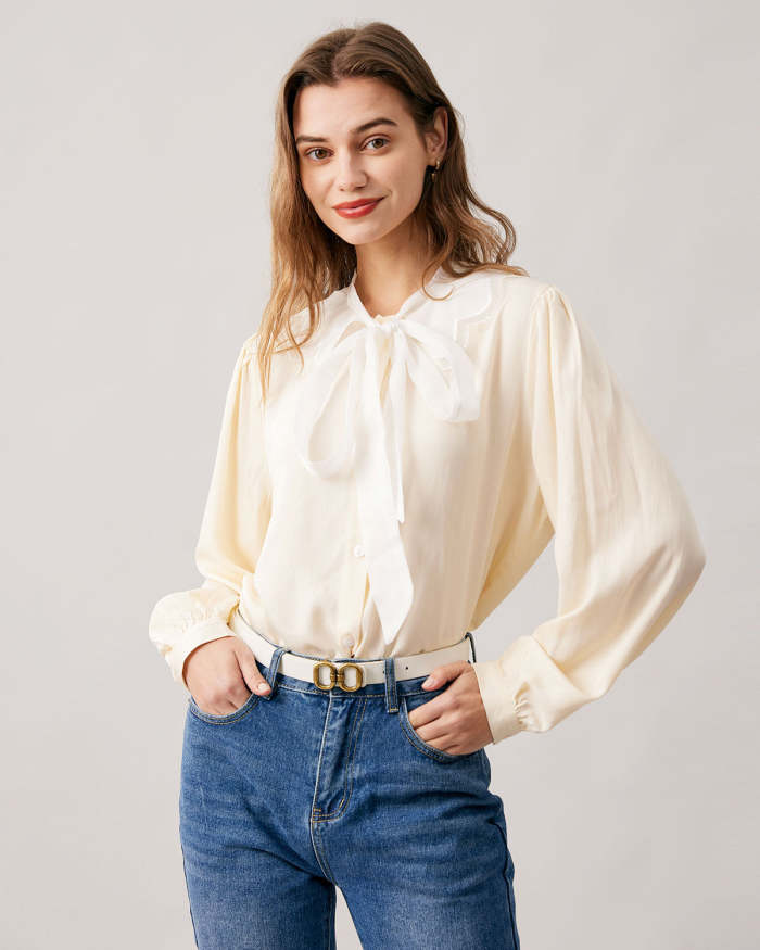 The Apricot Tie Neck Puff Sleeve Spliced Blouse