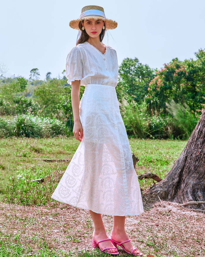 The White V Neck Lace Trim Puff Sleeve Blouse